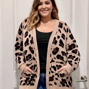 Timing Leopard Print Open Front Cardigan M/L Cozy Neutral Animal Print Sweater